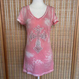 Pink Y2K Rhinestone Cross Acid Wash Tee S